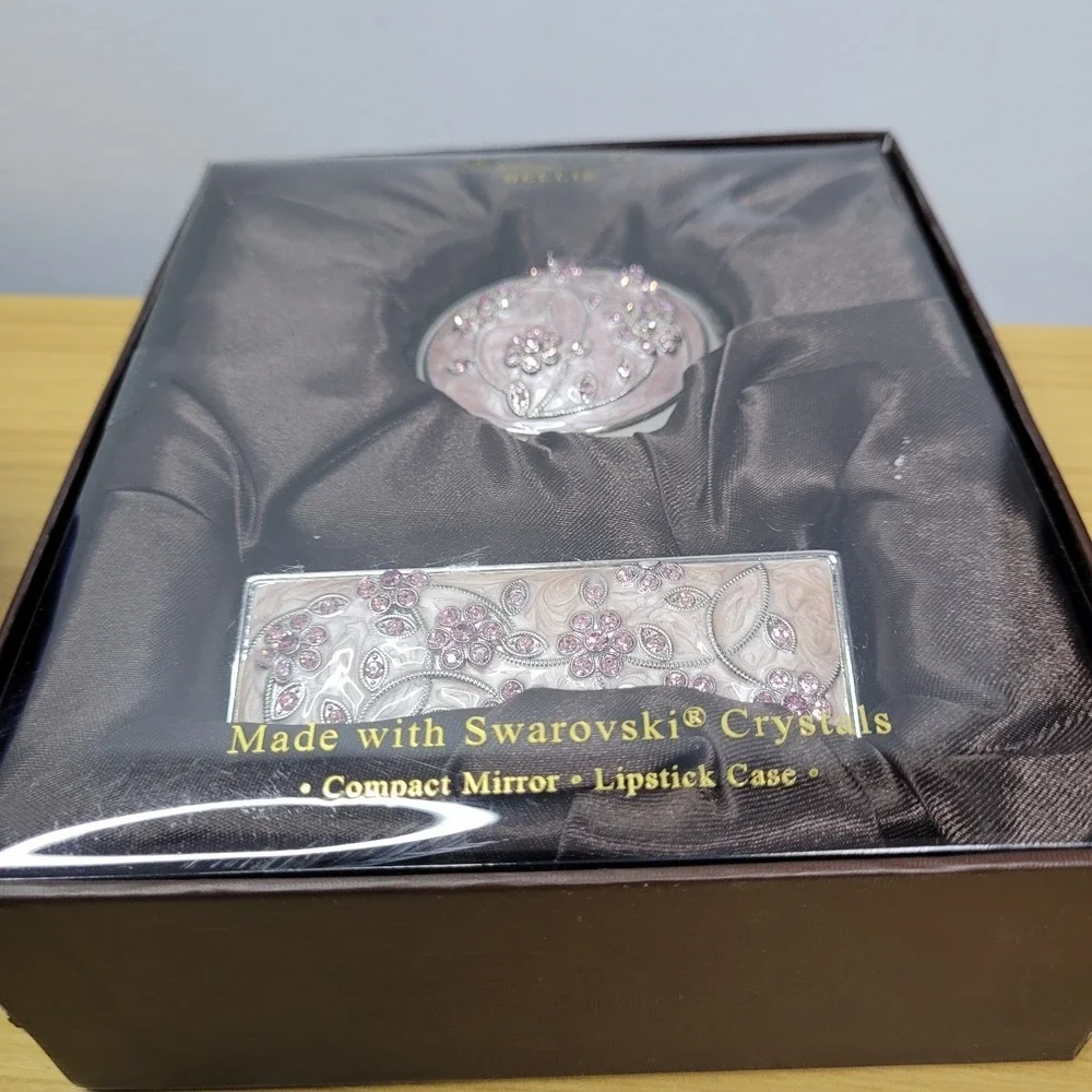 Argento SC Compact Mirror Lipstick Case Swarovski Crystals Set Pink Floral Gift